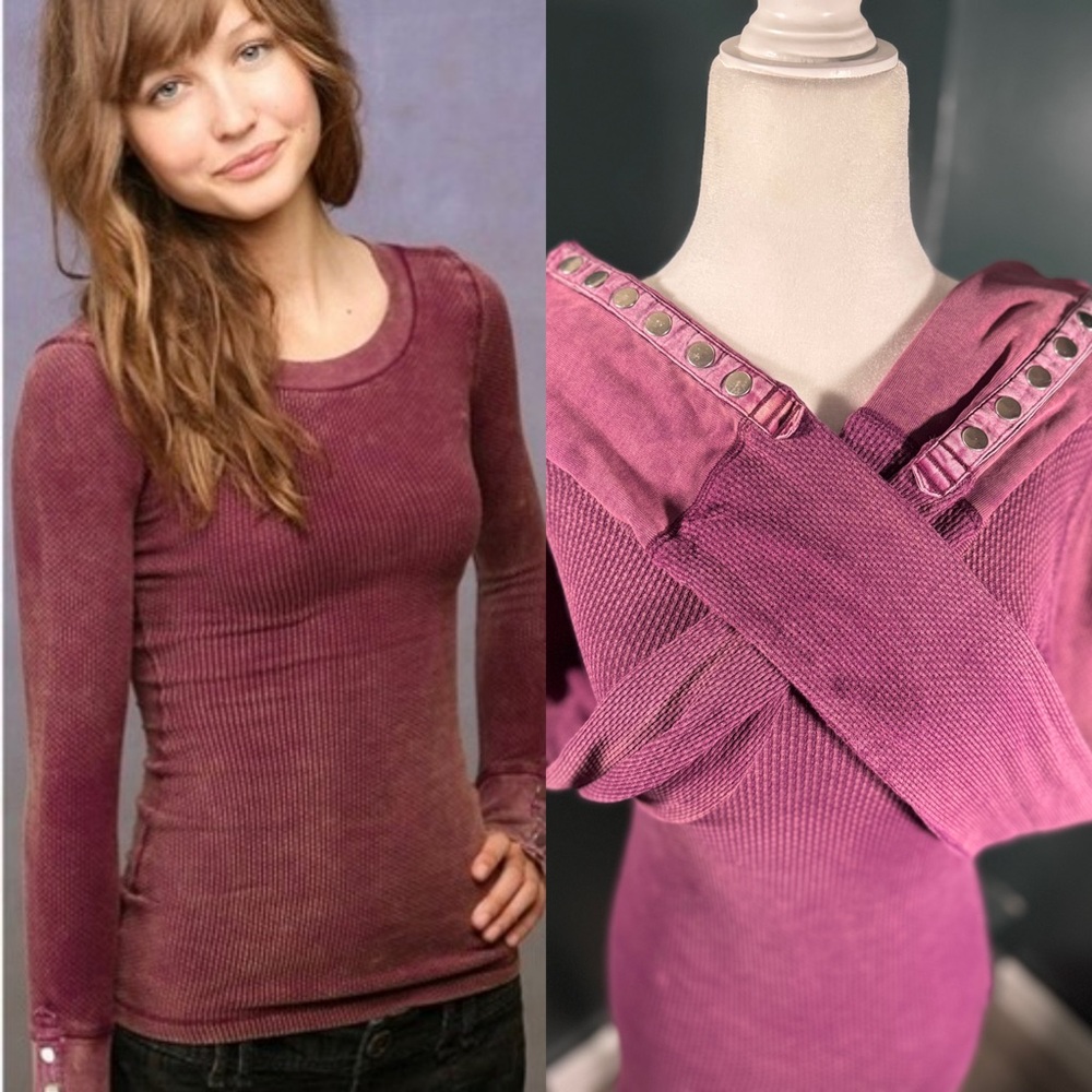 Free People • RARE • Vintage Damsel Snap Cuff Button Long Sleeve Thermal Top